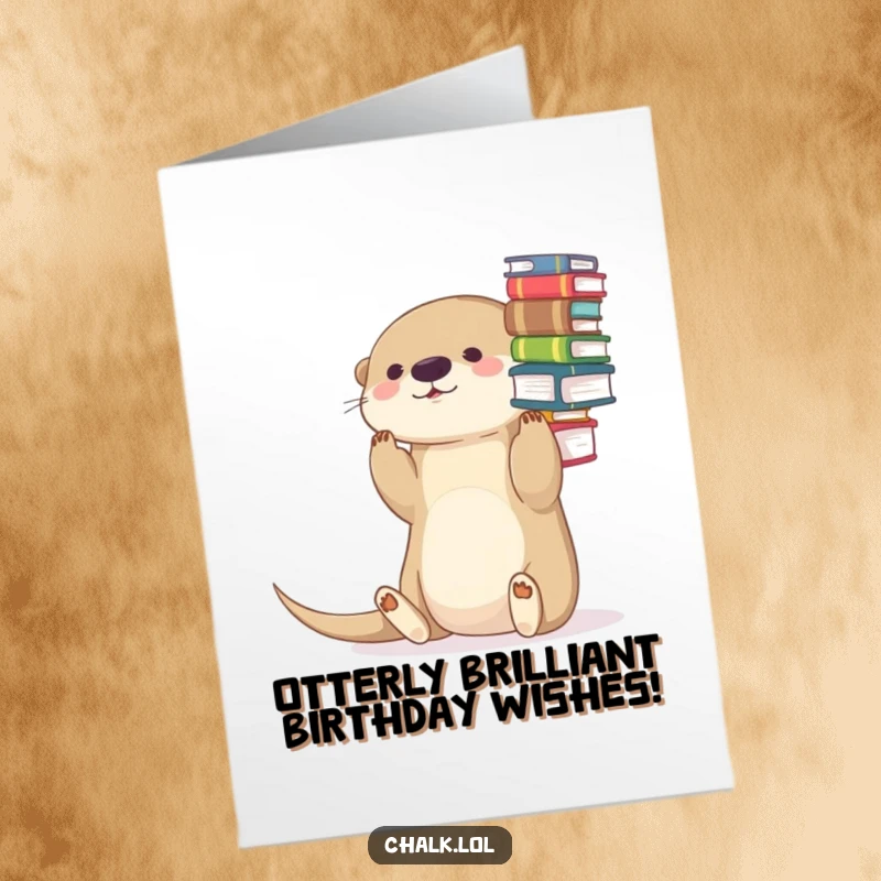 Funny free printable birthday card: Playful otter precariously balancing books on its nose, ready to party.