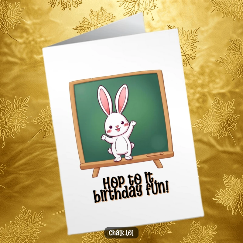 Funny Free Printable Birthday Card: Little rabbit enthusiastically pointing at a chalkboard displaying festive birthday messages.
