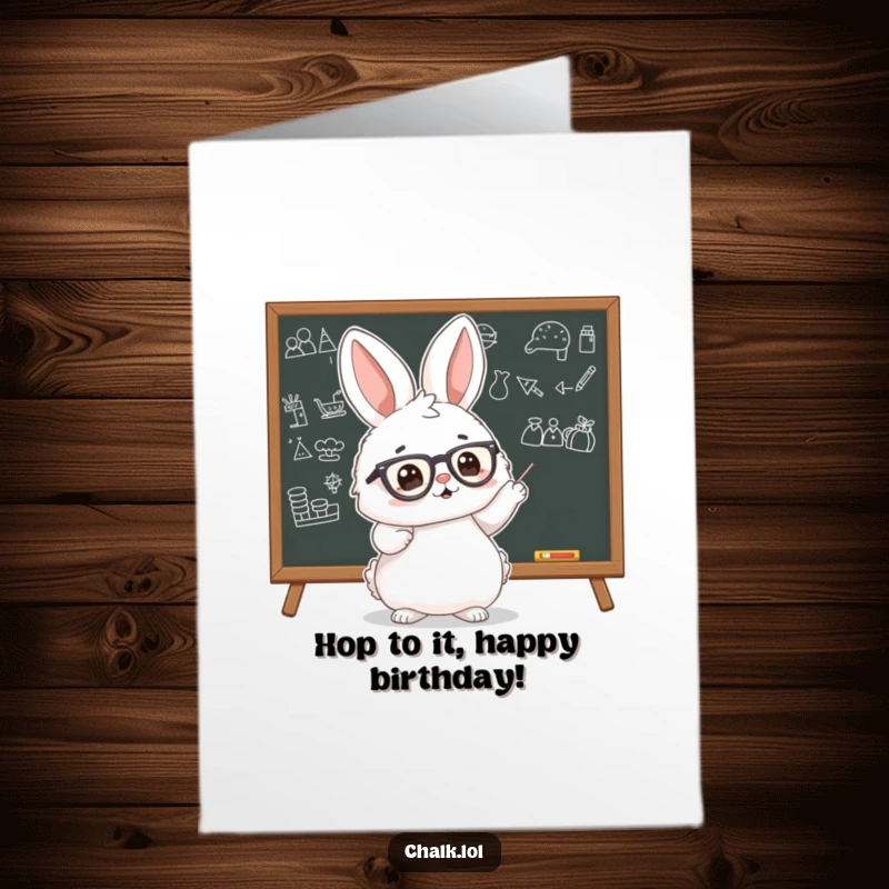Funny Free Printable Birthday Card: A fluffy bunny in glasses pointing at a blackboard with drawings for a birthday lesson.