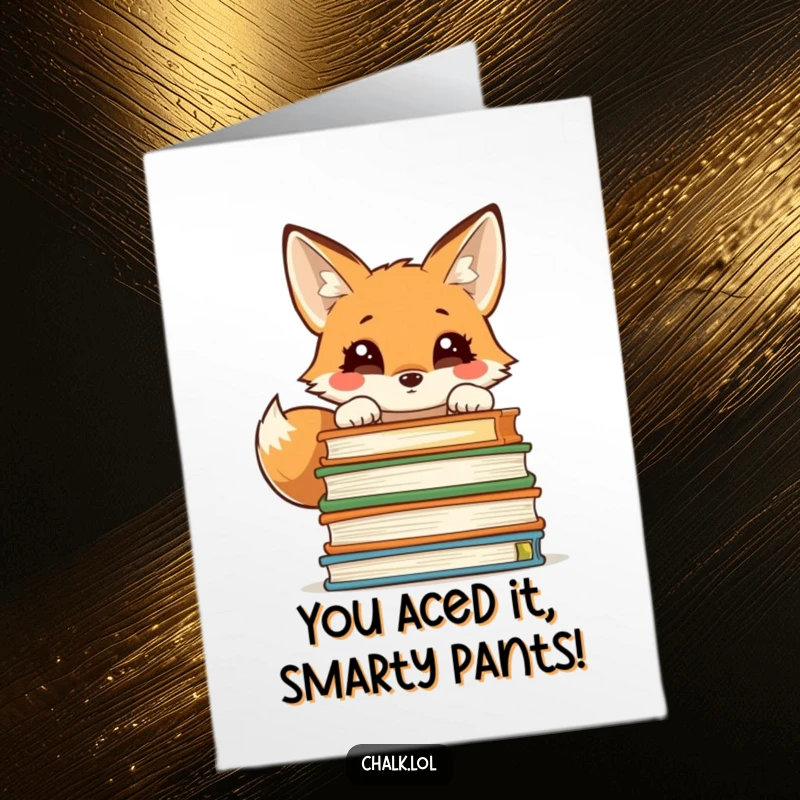 Funny Free Printable Congrats Card: Curious fox with textbooks, celebrating academic or intellectual achievements.