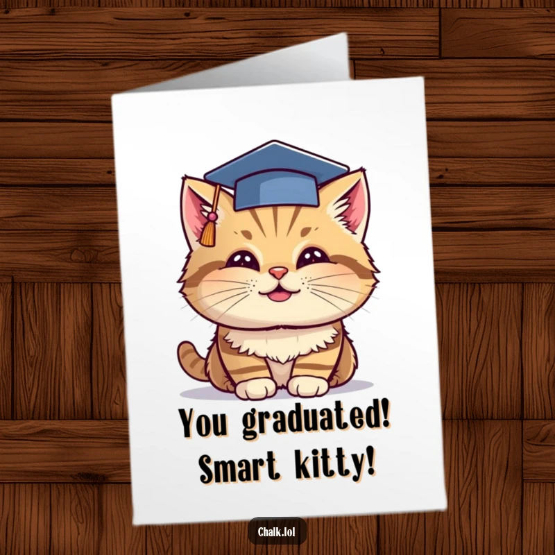 Funny Free Printable Congratulations Card: Cat wearing graduation cap, dipping chalk, celebrating graduation.