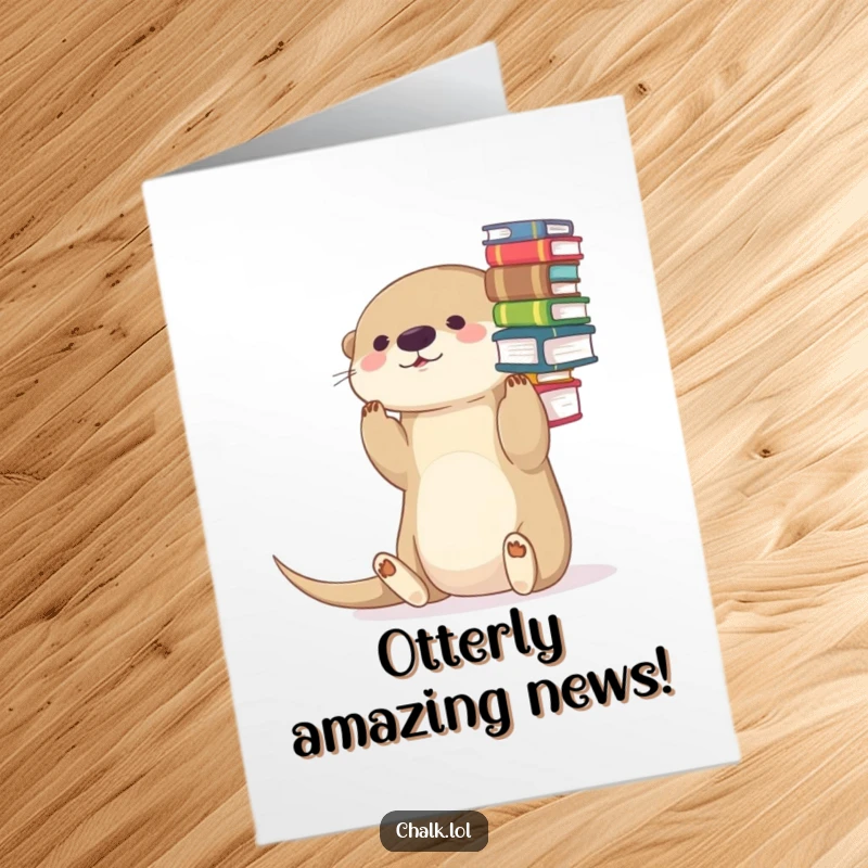 Funny free printable congratulations card: Playful otter balancing books, symbolizing a successful accomplishment. Print at home.