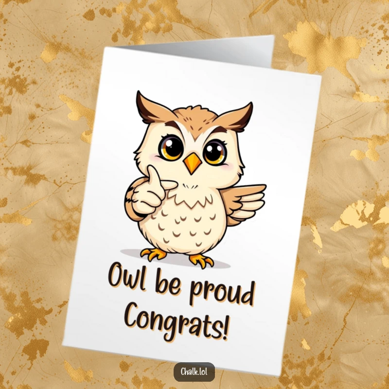 Funny Free Printable Congratulations Card: Joyful owl pointing proudly at a colorful, amazing drawing.