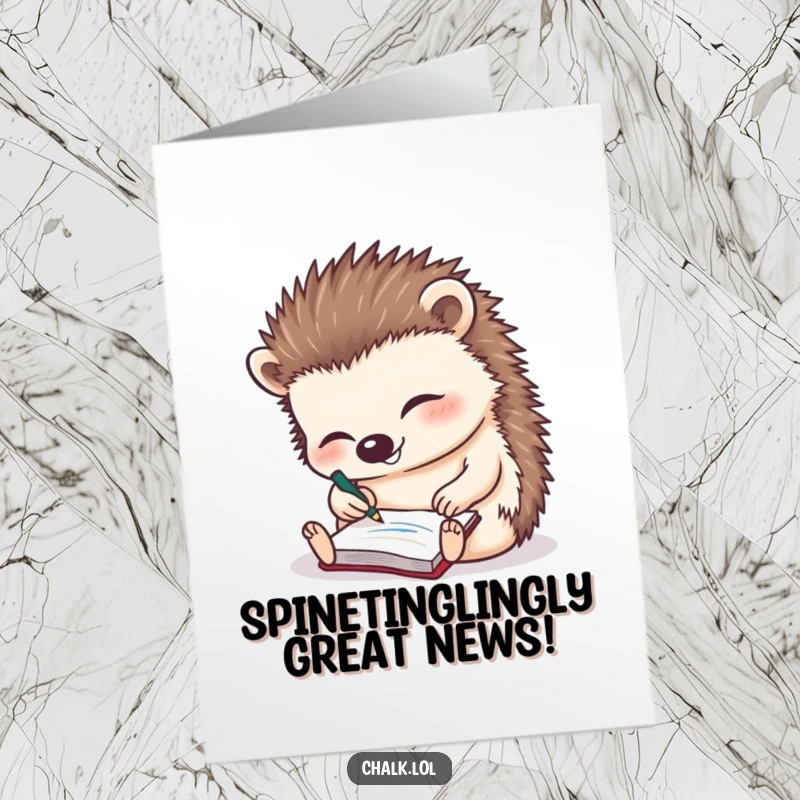 Funny free printable congratulations card: Giggling hedgehog busy scribbling notes, celebrating a success. DIY download.