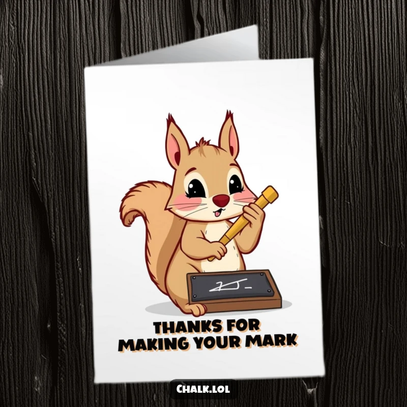 Funny Free Printable Thank You Card: A squirrel looks focused, writing a message with a massive chalk on a slate.