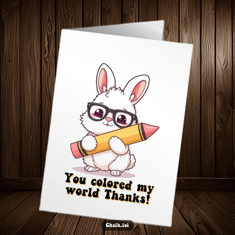 Funny Free Printable Thank You Card: Bunny with glasses holds a giant crayon, drawing thanks.