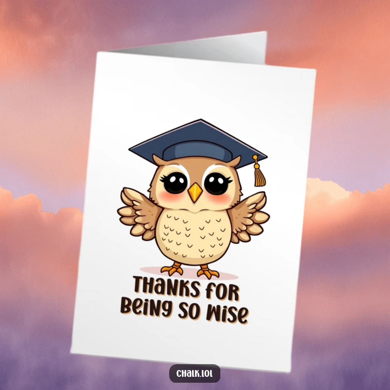 Funny Free Printable Thank You Card: A silly owl in a graduation cap flaps its wings, expressing thanks.