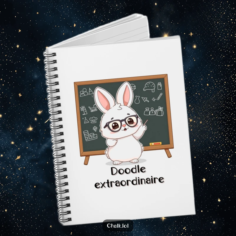 Funny Bunny Scholar Notebook with a fluffy bunny wearing tiny glasses, pointing at a blackboard with drawings, perfect for jotting notes.