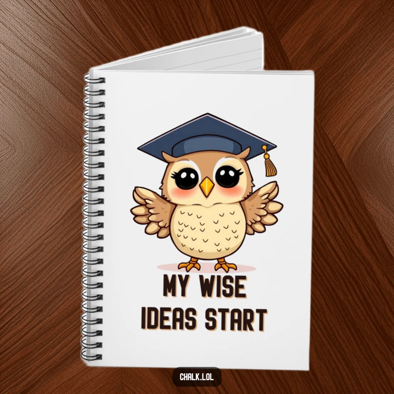 Funny graduation owl notebook featuring a silly, excited owl in a graduation cap, flapping wings. Ideal for note-taking and creative thinking.