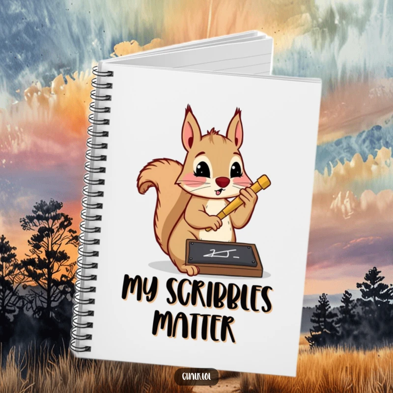 Funny squirrel writer notebook featuring a determined squirrel writing with chalk on a slate. Ideal for capturing focused thoughts and ideas.