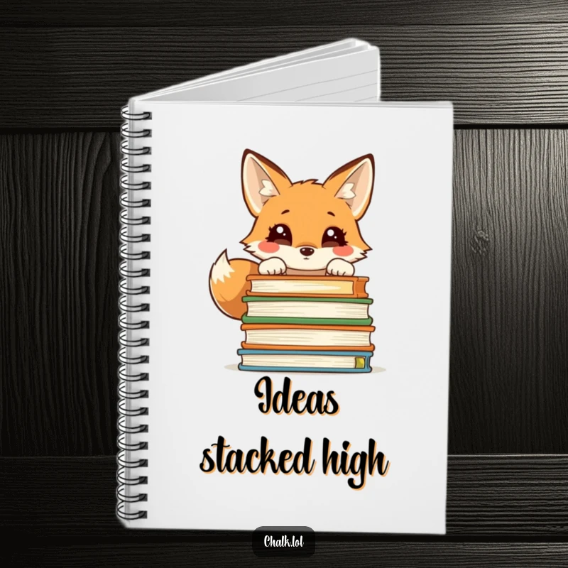 Funny notebook featuring a curious fox peeking over a stack of textbooks, perfect for note-taking and creative writing.