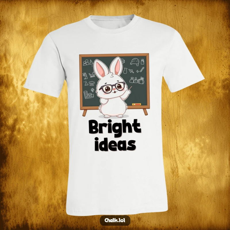 Funny Bunny Scholar T-Shirt depicting a fluffy bunny with tiny glasses, pointing enthusiastically at a blackboard with drawings, promoting learning.