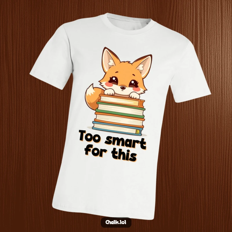 Funny t-shirt with a cute fox peeking over a stack of old books, expressing a love for reading and learning.