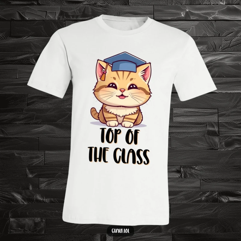 Funny Grad Cat T-Shirt: A cheerful cat dons a graduation cap while dipping chalk, exuding smart and sassy vibes.