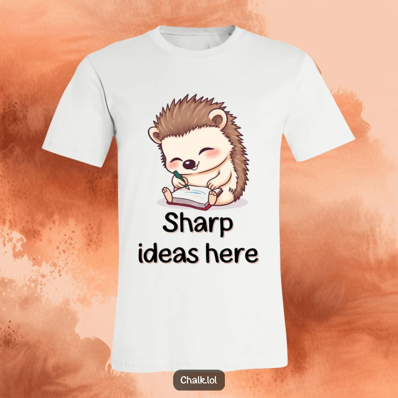 Funny Hedgehog T-Shirt: A whimsical design of a happy hedgehog scribbling away on a tiny notepad.