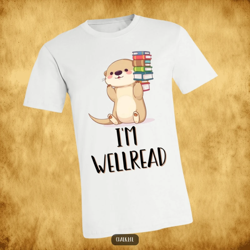 Funny Otter T-Shirt: A whimsical graphic of a cute otter balancing a tall stack of books on its nose.