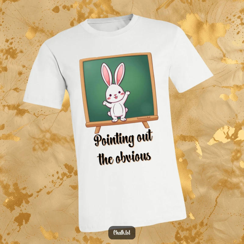 Funny Rabbit Teacher T-Shirt, a rabbit excitedly points at a chalkboard, ready to teach or learn, a funny gift for students.