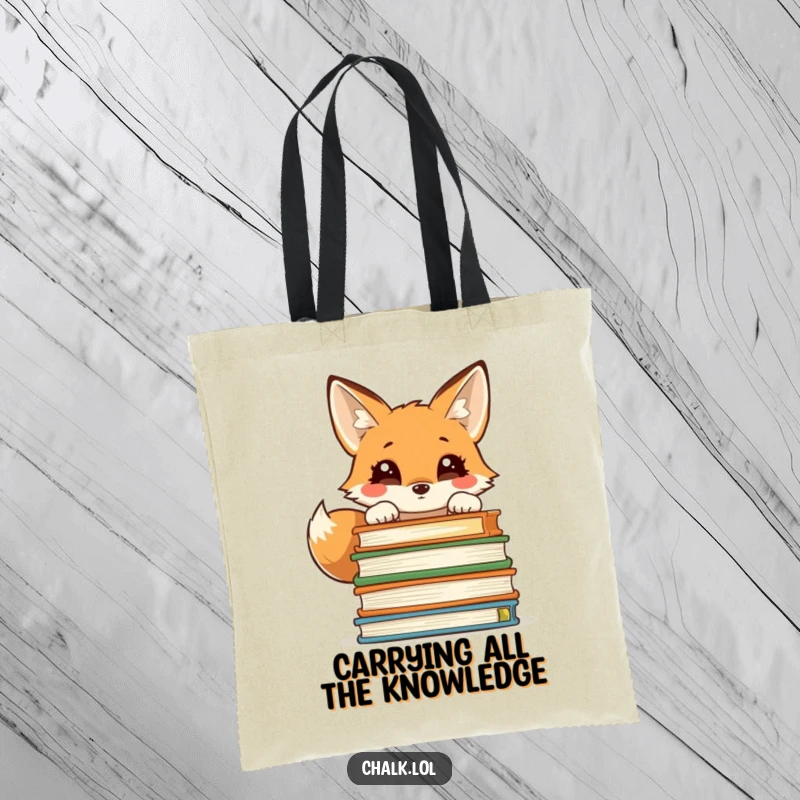 Funny tote bag with a curious fox peeking over a stack of books, a practical and humorous accessory for book lovers.