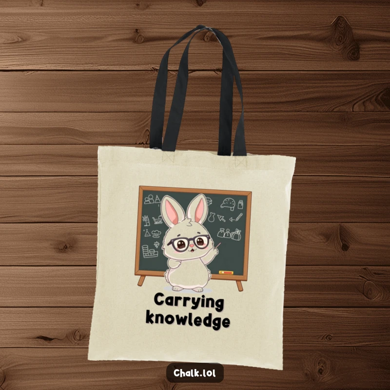 Funny Bunny Scholar Tote Bag featuring a fluffy bunny with tiny glasses, pointing enthusiastically at a blackboard with drawings, perfect for carrying books.