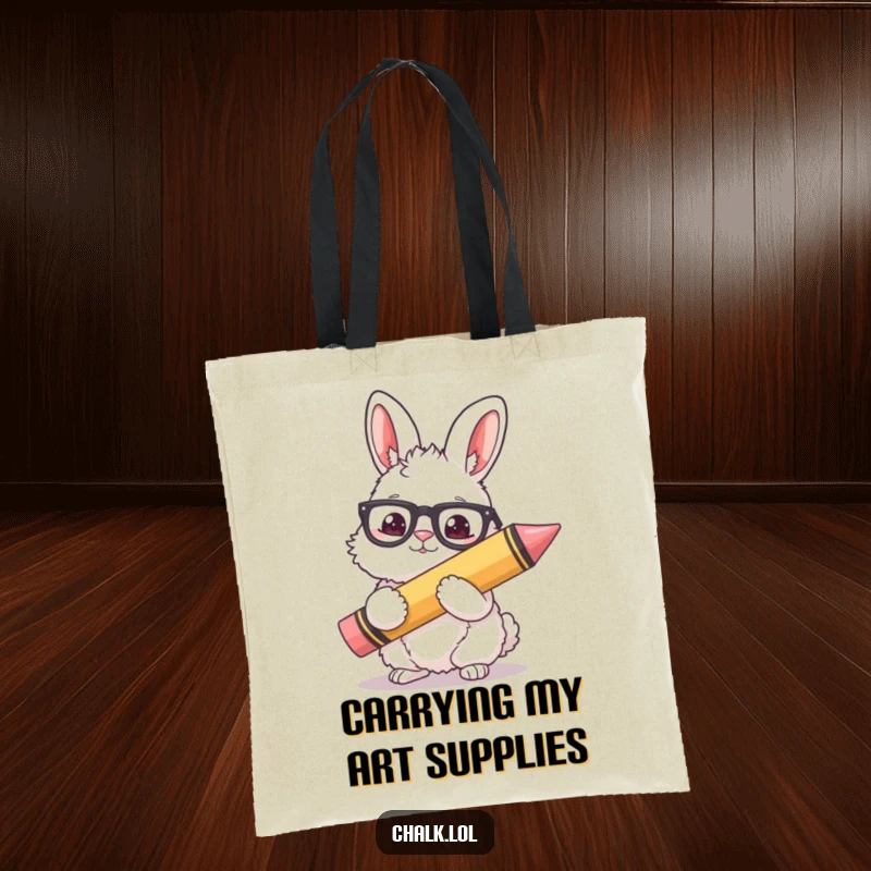 Funny Bunny Artist Tote Bag: A fluffy bunny wearing glasses holds a giant crayon, perfect for carrying art supplies with style.
