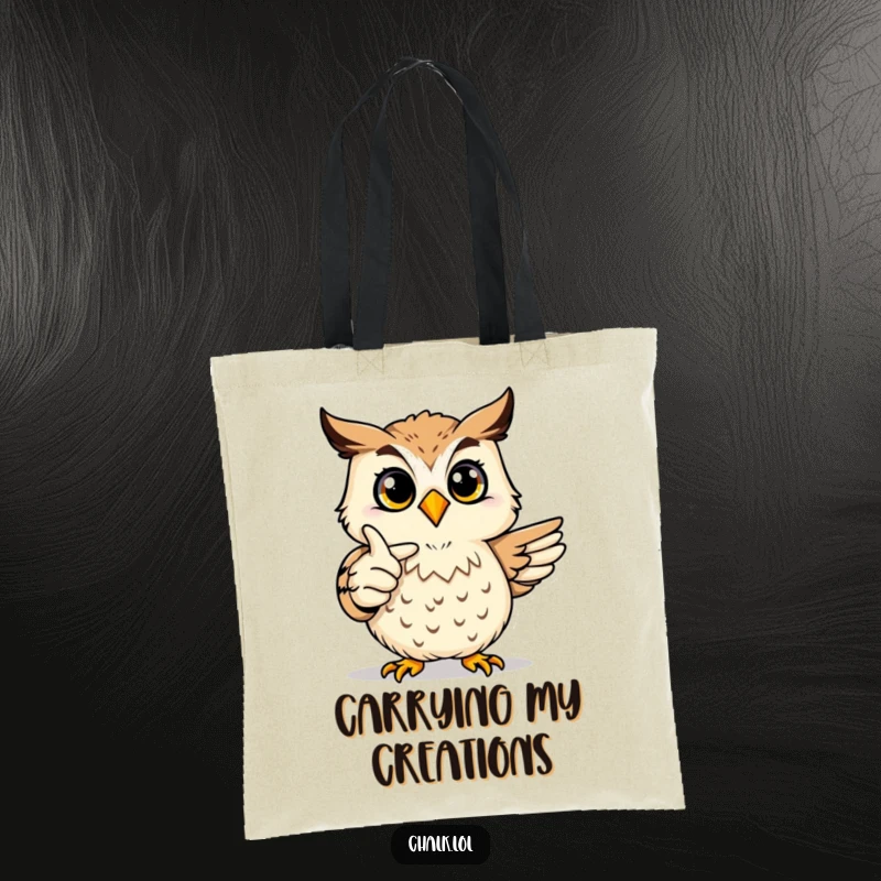 Funny Owl Art Tote Bag: A joyful owl proudly points at a colorful drawing, perfect for carrying art supplies with wisdom.