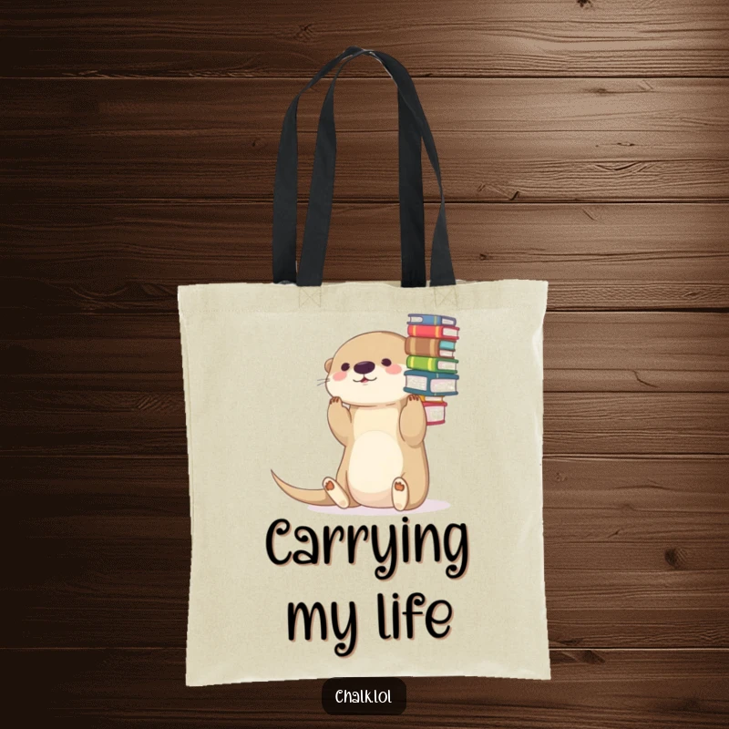 Funny Otter Tote Bag: A cute otter artfully balancing a stack of books on its nose, ready for groceries.
