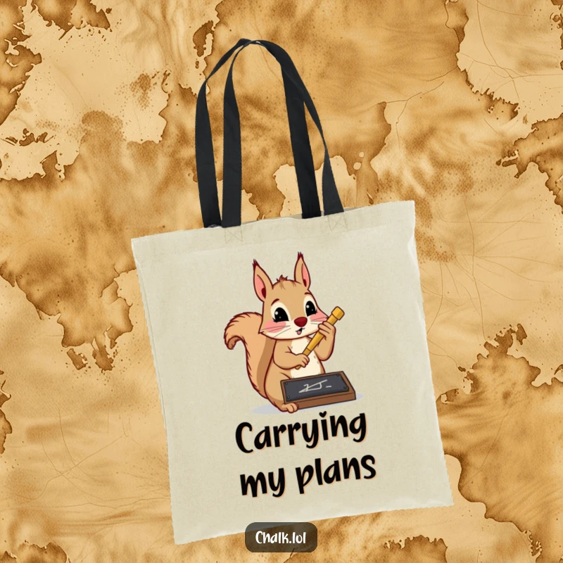 Funny squirrel writer tote bag showing a determined squirrel writing on a slate with chalk. A practical and humorous accessory for students.