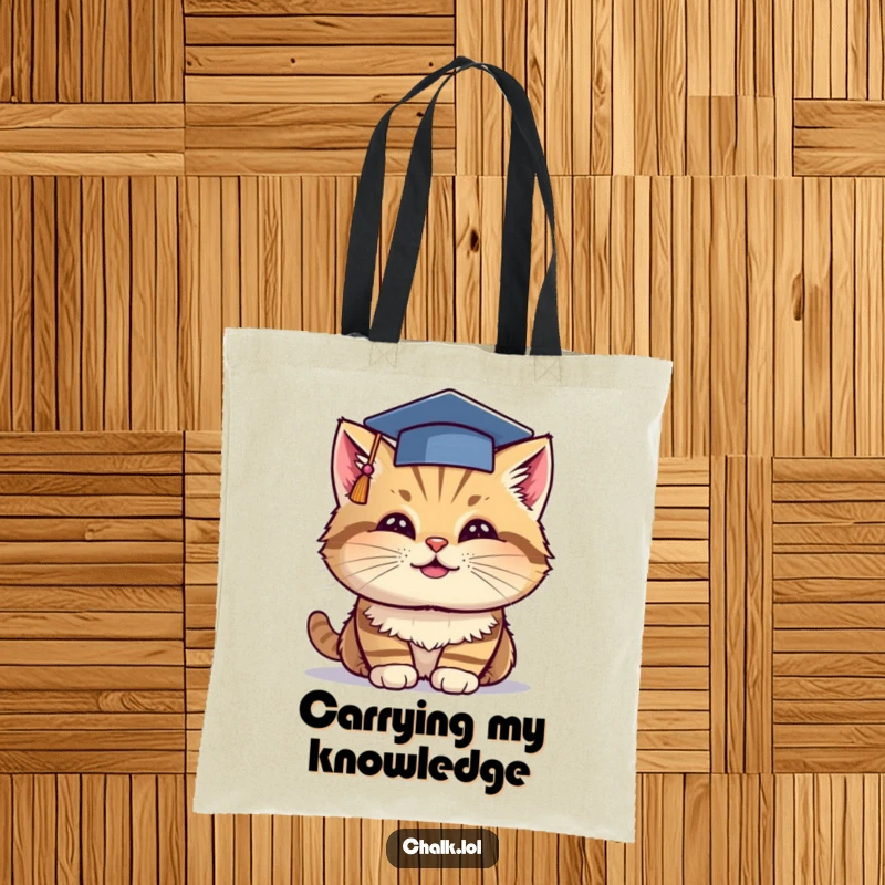 Funny Grad Cat Tote Bag: A cheerful cat wearing a graduation cap dips chalk, perfect for carrying essentials with academic flair.